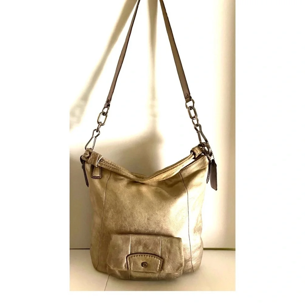 Coach vintage metallic gray silver distressed leather crossbody handbag